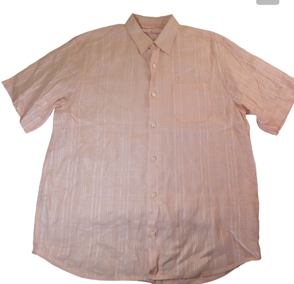 Tommy Bahama Linen Surfside Stripe Shirt L Pink Coastal Resort Beach